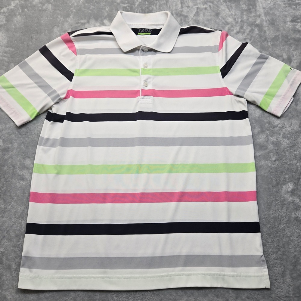 IZOD Performance Polo Shirt Mens Size Large White Pink Green Stripe Short Sleeve